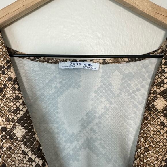 Zara Women Snakeprint Bodysuit Longsleeve V Going Out Brown Stretch Size Large - Picture 2 of 7